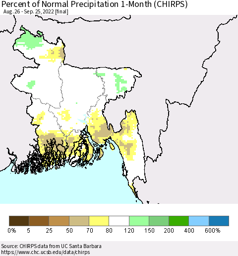 Bangladesh Percent of Normal Precipitation 1-Month (CHIRPS) Thematic Map For 8/26/2022 - 9/25/2022