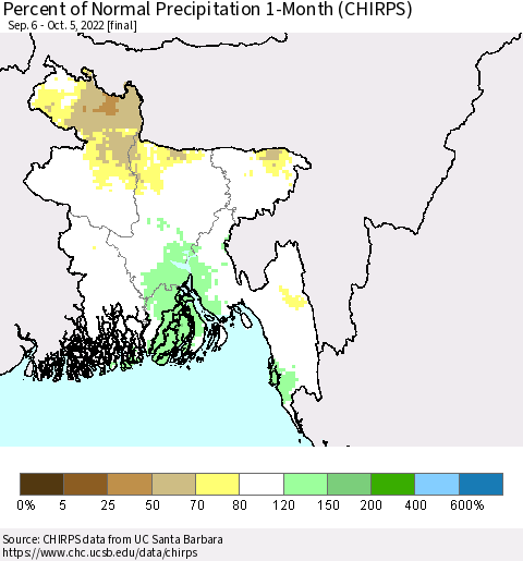 Bangladesh Percent of Normal Precipitation 1-Month (CHIRPS) Thematic Map For 9/6/2022 - 10/5/2022