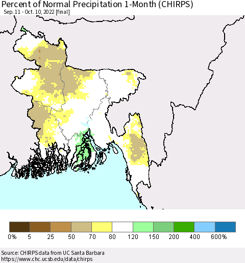 Bangladesh Percent of Normal Precipitation 1-Month (CHIRPS) Thematic Map For 9/11/2022 - 10/10/2022