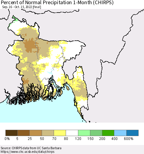 Bangladesh Percent of Normal Precipitation 1-Month (CHIRPS) Thematic Map For 9/16/2022 - 10/15/2022