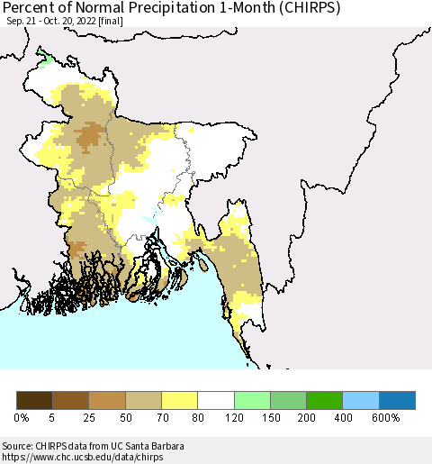 Bangladesh Percent of Normal Precipitation 1-Month (CHIRPS) Thematic Map For 9/21/2022 - 10/20/2022