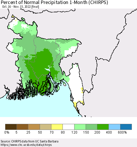 Bangladesh Percent of Normal Precipitation 1-Month (CHIRPS) Thematic Map For 10/16/2022 - 11/15/2022