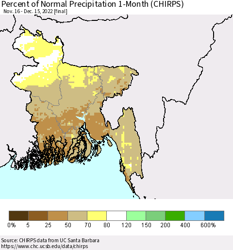 Bangladesh Percent of Normal Precipitation 1-Month (CHIRPS) Thematic Map For 11/16/2022 - 12/15/2022