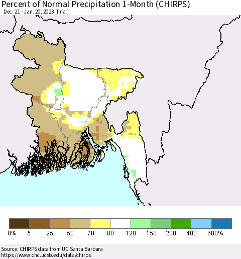 Bangladesh Percent of Normal Precipitation 1-Month (CHIRPS) Thematic Map For 12/21/2022 - 1/20/2023