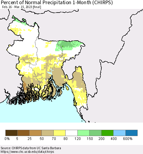 Bangladesh Percent of Normal Precipitation 1-Month (CHIRPS) Thematic Map For 2/16/2023 - 3/15/2023