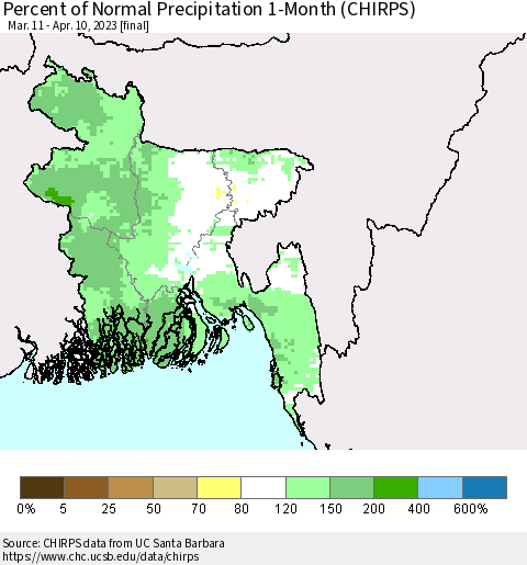 Bangladesh Percent of Normal Precipitation 1-Month (CHIRPS) Thematic Map For 3/11/2023 - 4/10/2023