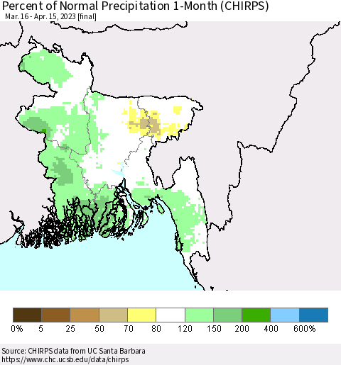 Bangladesh Percent of Normal Precipitation 1-Month (CHIRPS) Thematic Map For 3/16/2023 - 4/15/2023