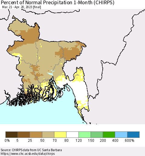 Bangladesh Percent of Normal Precipitation 1-Month (CHIRPS) Thematic Map For 3/21/2023 - 4/20/2023