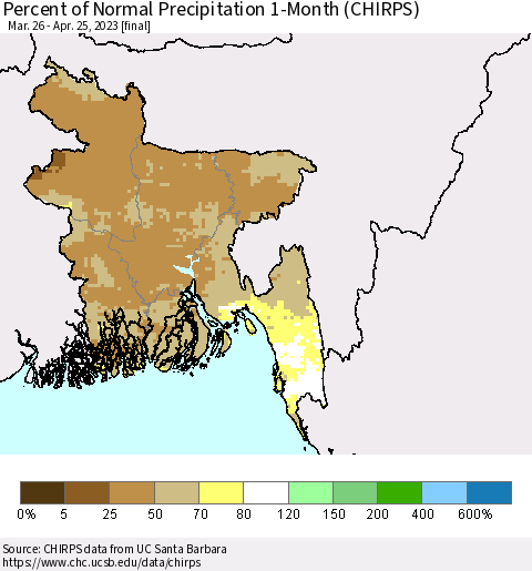 Bangladesh Percent of Normal Precipitation 1-Month (CHIRPS) Thematic Map For 3/26/2023 - 4/25/2023