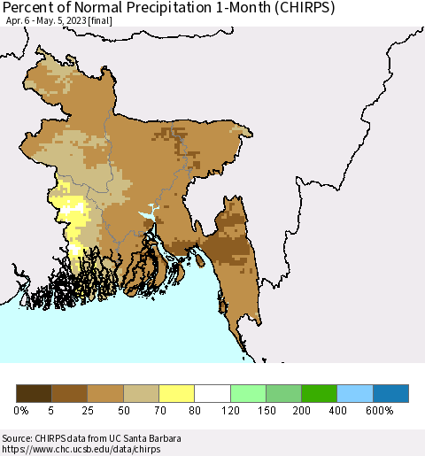 Bangladesh Percent of Normal Precipitation 1-Month (CHIRPS) Thematic Map For 4/6/2023 - 5/5/2023