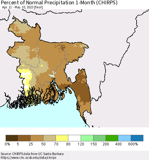 Bangladesh Percent of Normal Precipitation 1-Month (CHIRPS) Thematic Map For 4/11/2023 - 5/10/2023