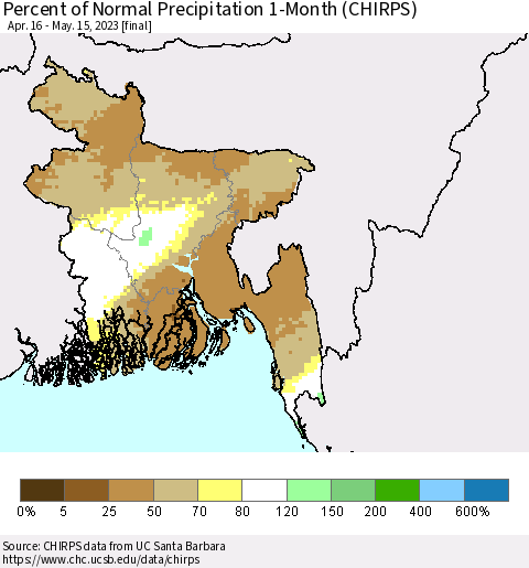 Bangladesh Percent of Normal Precipitation 1-Month (CHIRPS) Thematic Map For 4/16/2023 - 5/15/2023