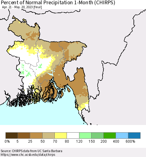 Bangladesh Percent of Normal Precipitation 1-Month (CHIRPS) Thematic Map For 4/21/2023 - 5/20/2023
