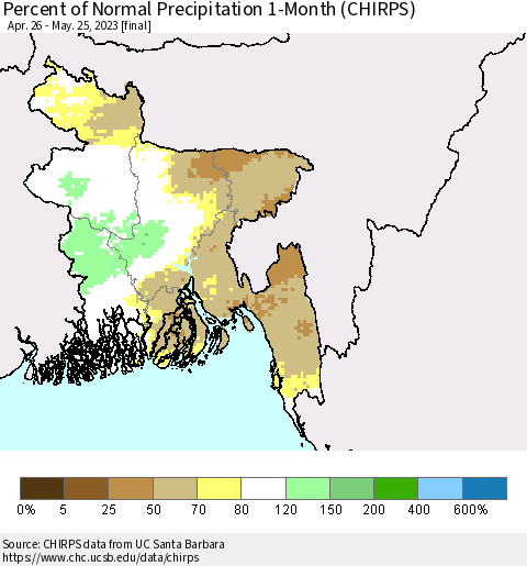 Bangladesh Percent of Normal Precipitation 1-Month (CHIRPS) Thematic Map For 4/26/2023 - 5/25/2023