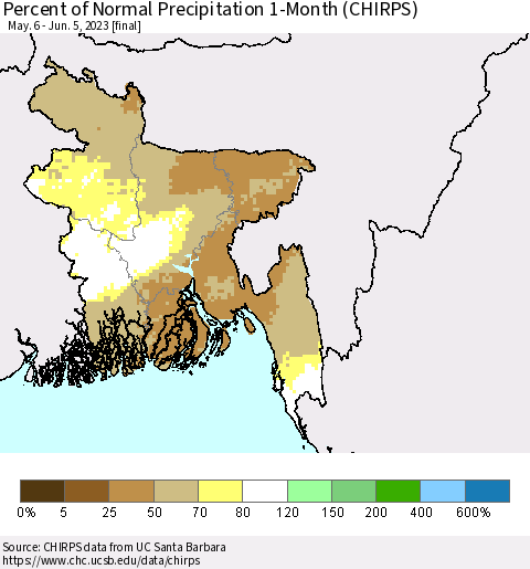 Bangladesh Percent of Normal Precipitation 1-Month (CHIRPS) Thematic Map For 5/6/2023 - 6/5/2023