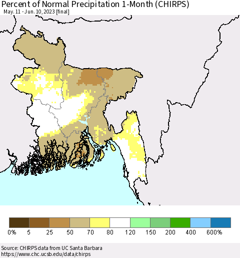Bangladesh Percent of Normal Precipitation 1-Month (CHIRPS) Thematic Map For 5/11/2023 - 6/10/2023