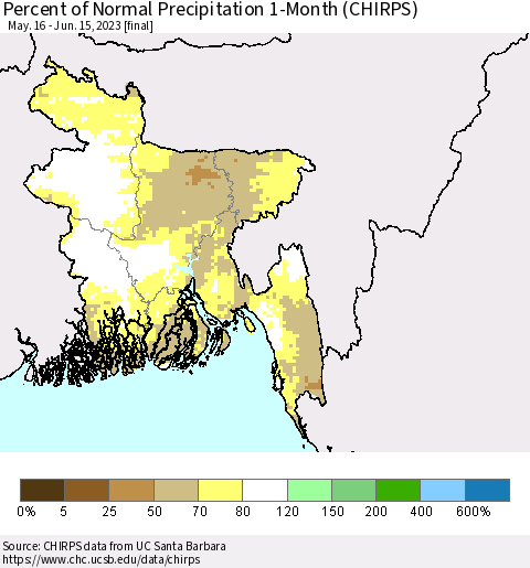 Bangladesh Percent of Normal Precipitation 1-Month (CHIRPS) Thematic Map For 5/16/2023 - 6/15/2023