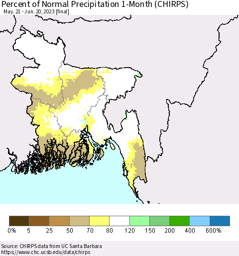 Bangladesh Percent of Normal Precipitation 1-Month (CHIRPS) Thematic Map For 5/21/2023 - 6/20/2023