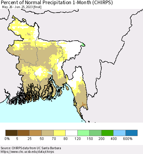 Bangladesh Percent of Normal Precipitation 1-Month (CHIRPS) Thematic Map For 5/26/2023 - 6/25/2023