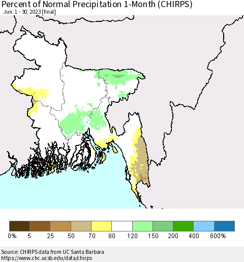 Bangladesh Percent of Normal Precipitation 1-Month (CHIRPS) Thematic Map For 6/1/2023 - 6/30/2023