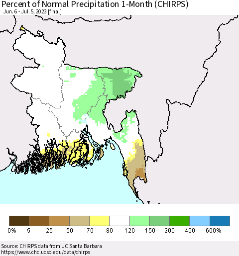 Bangladesh Percent of Normal Precipitation 1-Month (CHIRPS) Thematic Map For 6/6/2023 - 7/5/2023