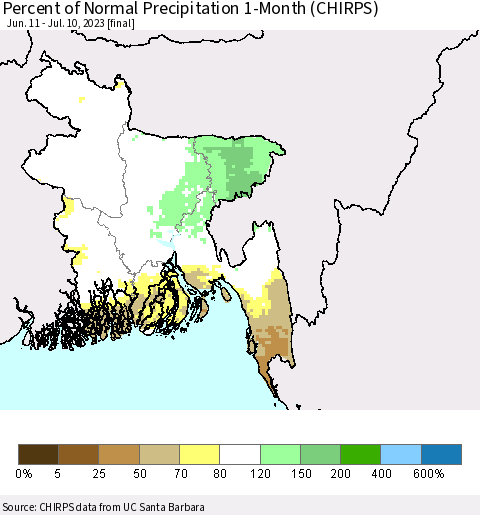 Bangladesh Percent of Normal Precipitation 1-Month (CHIRPS) Thematic Map For 6/11/2023 - 7/10/2023
