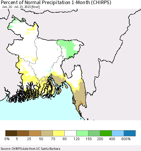 Bangladesh Percent of Normal Precipitation 1-Month (CHIRPS) Thematic Map For 6/16/2023 - 7/15/2023