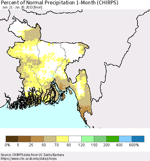Bangladesh Percent of Normal Precipitation 1-Month (CHIRPS) Thematic Map For 6/21/2023 - 7/20/2023