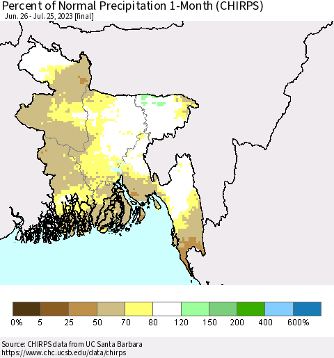 Bangladesh Percent of Normal Precipitation 1-Month (CHIRPS) Thematic Map For 6/26/2023 - 7/25/2023