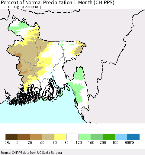 Bangladesh Percent of Normal Precipitation 1-Month (CHIRPS) Thematic Map For 7/11/2023 - 8/10/2023