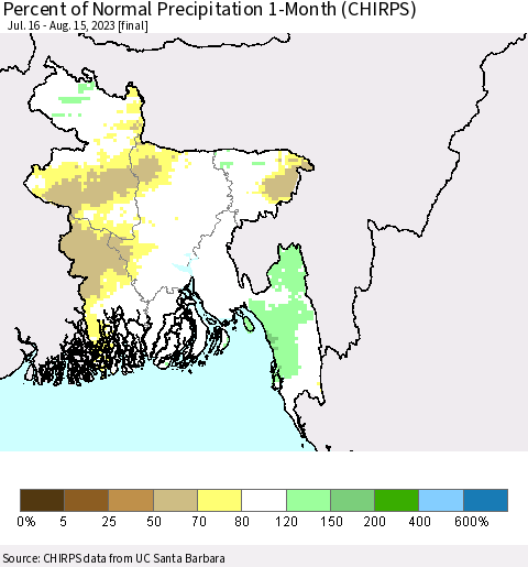 Bangladesh Percent of Normal Precipitation 1-Month (CHIRPS) Thematic Map For 7/16/2023 - 8/15/2023