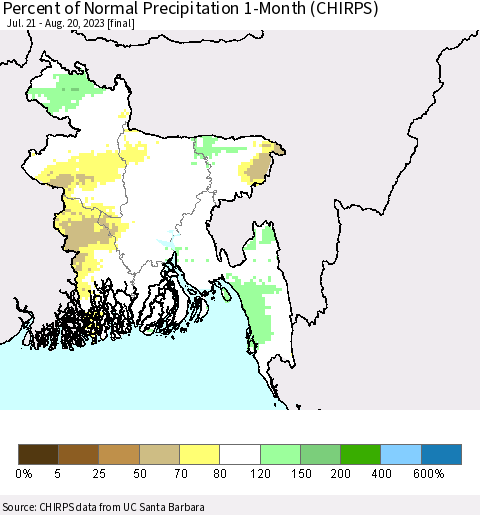 Bangladesh Percent of Normal Precipitation 1-Month (CHIRPS) Thematic Map For 7/21/2023 - 8/20/2023