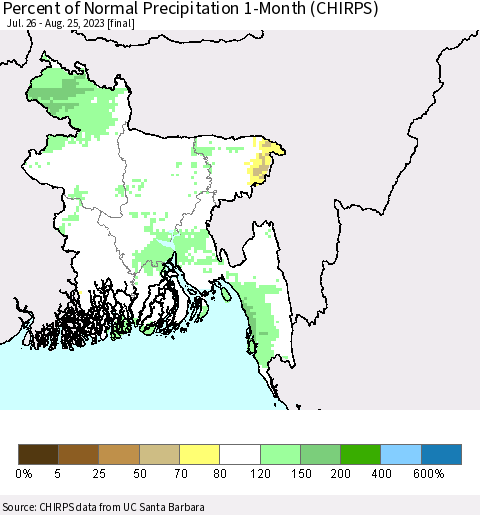 Bangladesh Percent of Normal Precipitation 1-Month (CHIRPS) Thematic Map For 7/26/2023 - 8/25/2023