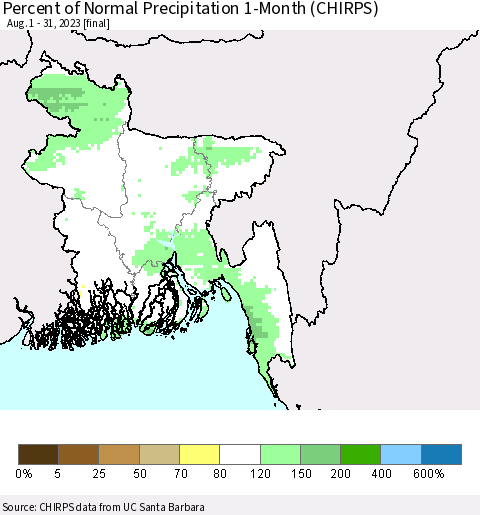 Bangladesh Percent of Normal Precipitation 1-Month (CHIRPS) Thematic Map For 8/1/2023 - 8/31/2023