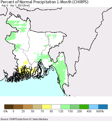Bangladesh Percent of Normal Precipitation 1-Month (CHIRPS) Thematic Map For 8/6/2023 - 9/5/2023