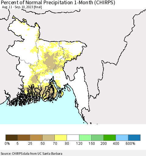 Bangladesh Percent of Normal Precipitation 1-Month (CHIRPS) Thematic Map For 8/11/2023 - 9/10/2023