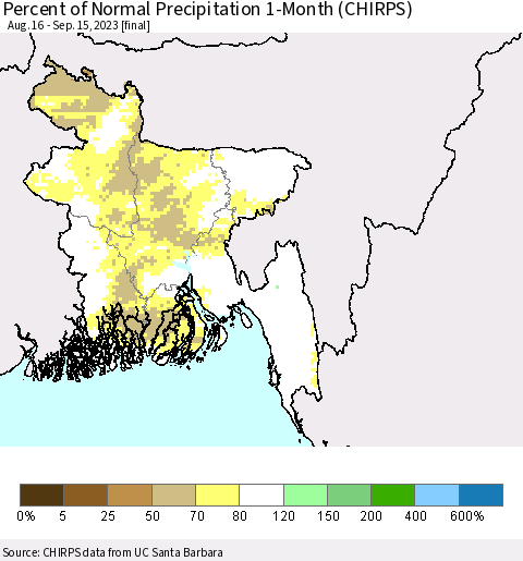 Bangladesh Percent of Normal Precipitation 1-Month (CHIRPS) Thematic Map For 8/16/2023 - 9/15/2023