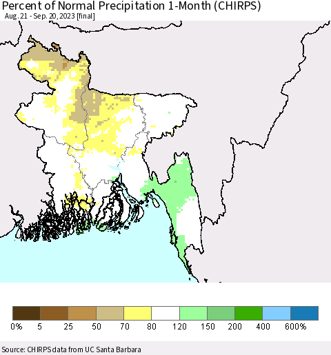 Bangladesh Percent of Normal Precipitation 1-Month (CHIRPS) Thematic Map For 8/21/2023 - 9/20/2023