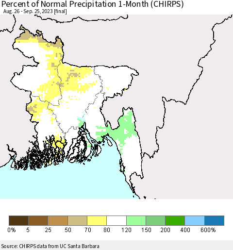 Bangladesh Percent of Normal Precipitation 1-Month (CHIRPS) Thematic Map For 8/26/2023 - 9/25/2023