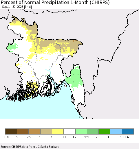 Bangladesh Percent of Normal Precipitation 1-Month (CHIRPS) Thematic Map For 9/1/2023 - 9/30/2023