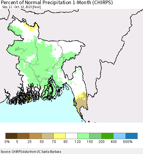Bangladesh Percent of Normal Precipitation 1-Month (CHIRPS) Thematic Map For 9/11/2023 - 10/10/2023