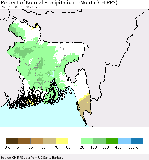 Bangladesh Percent of Normal Precipitation 1-Month (CHIRPS) Thematic Map For 9/16/2023 - 10/15/2023