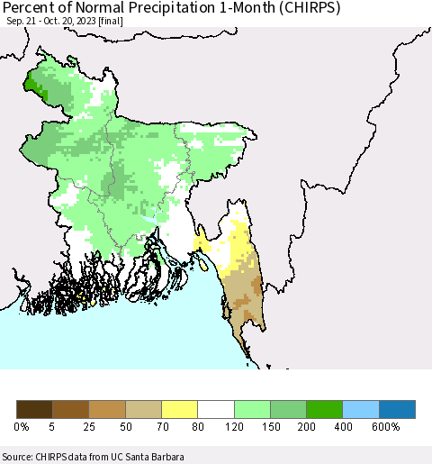 Bangladesh Percent of Normal Precipitation 1-Month (CHIRPS) Thematic Map For 9/21/2023 - 10/20/2023