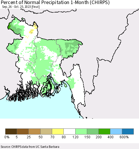 Bangladesh Percent of Normal Precipitation 1-Month (CHIRPS) Thematic Map For 9/26/2023 - 10/25/2023