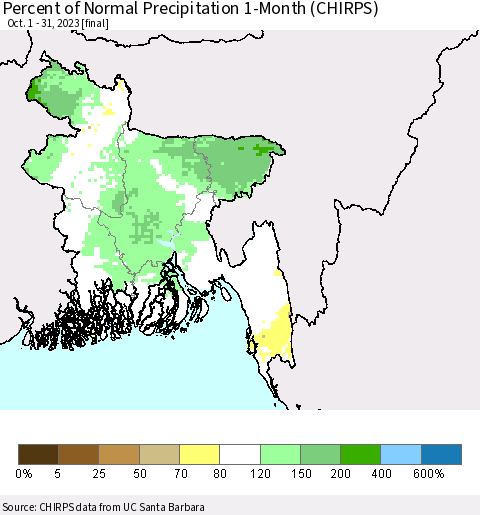 Bangladesh Percent of Normal Precipitation 1-Month (CHIRPS) Thematic Map For 10/1/2023 - 10/31/2023