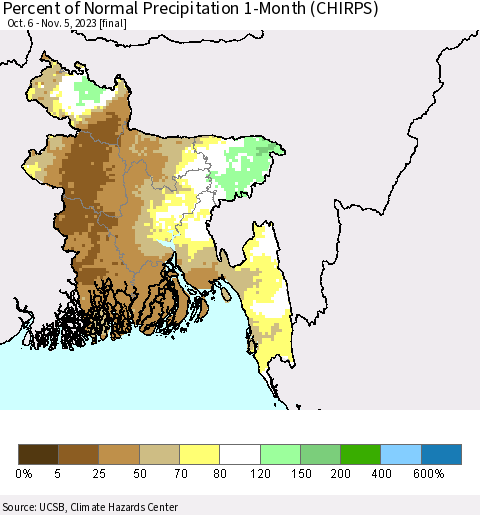 Bangladesh Percent of Normal Precipitation 1-Month (CHIRPS) Thematic Map For 10/6/2023 - 11/5/2023
