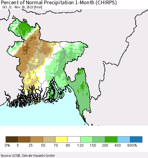 Bangladesh Percent of Normal Precipitation 1-Month (CHIRPS) Thematic Map For 10/21/2023 - 11/20/2023