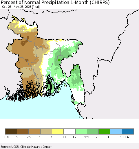 Bangladesh Percent of Normal Precipitation 1-Month (CHIRPS) Thematic Map For 10/26/2023 - 11/25/2023