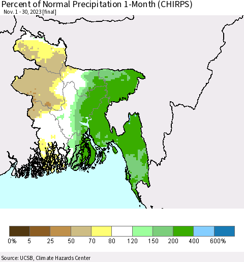 Bangladesh Percent of Normal Precipitation 1-Month (CHIRPS) Thematic Map For 11/1/2023 - 11/30/2023