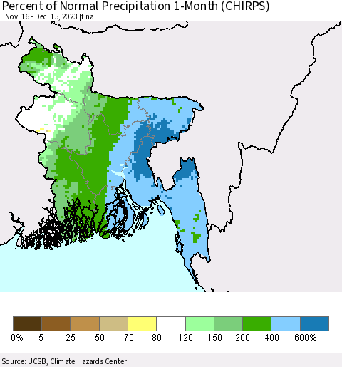 Bangladesh Percent of Normal Precipitation 1-Month (CHIRPS) Thematic Map For 11/16/2023 - 12/15/2023